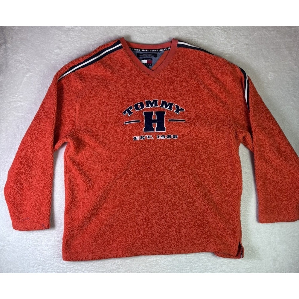 VTG Men Tommy Jean Fleece Pullover Shirt Deep Pile Orange Embroidered 90s SZ 2XL